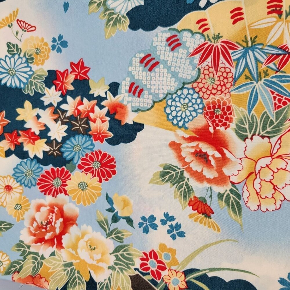 Japanese Textile Cotton Blend Fabric Flowers Fans Multicolor Asian 3 Yards